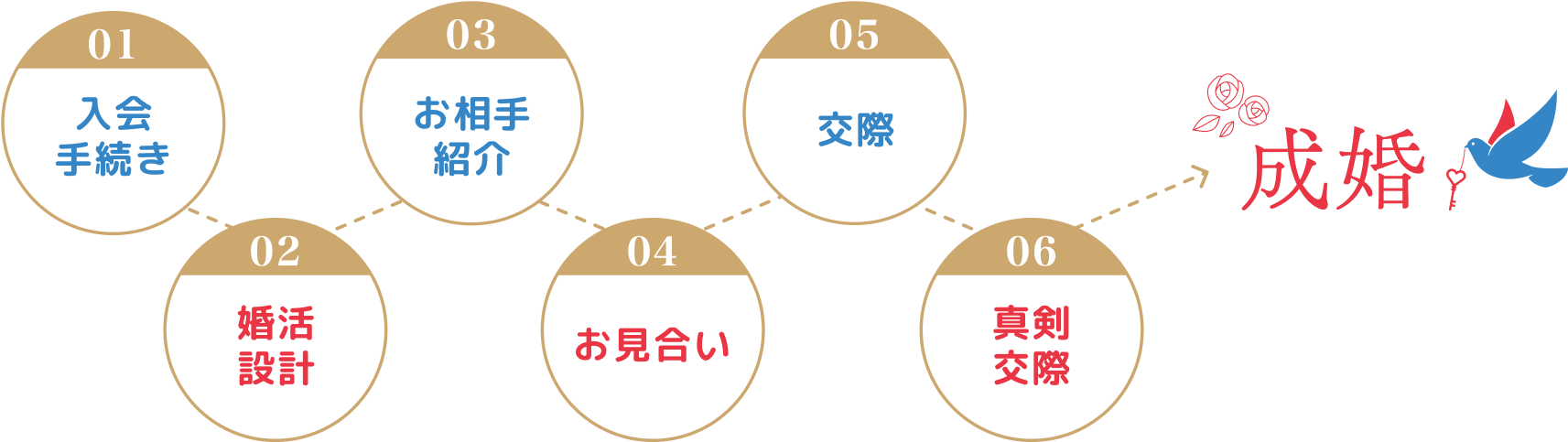 入会手続き→婚活設計→お相手紹介→お見合い→交際→真剣交際→成婚 